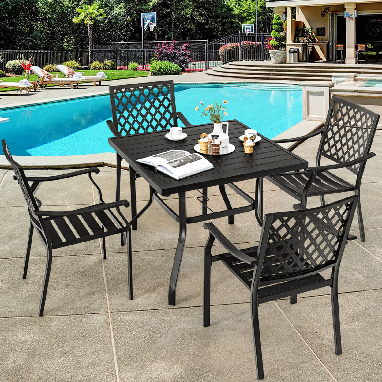 5PCS Patio Dining Set Stackable Chairs & Table Set W/ Umbrella Hole