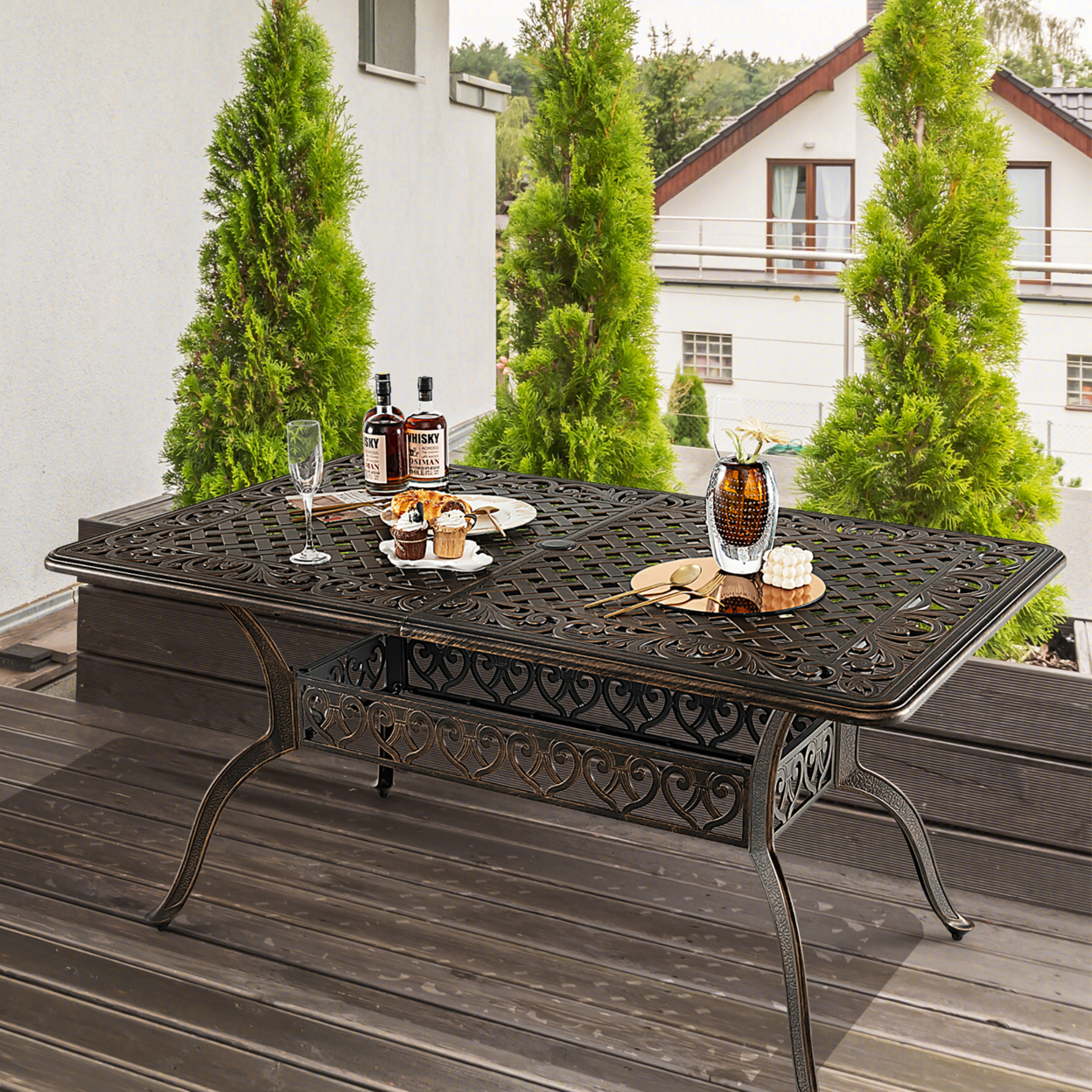 59'' Patio Rectangle Dining Table Outdoor Cast Aluminum Table W/ Umbrella Hole