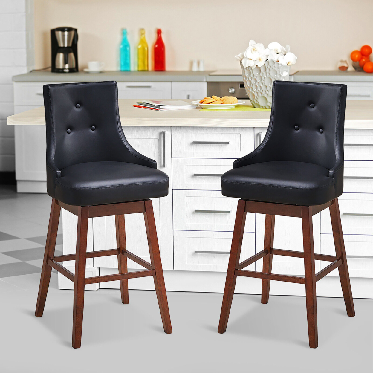 Set Of 2 Swivel Bar Stools 29'' Pub Height Upholstered Chairs W/ Rubber Wood Legs