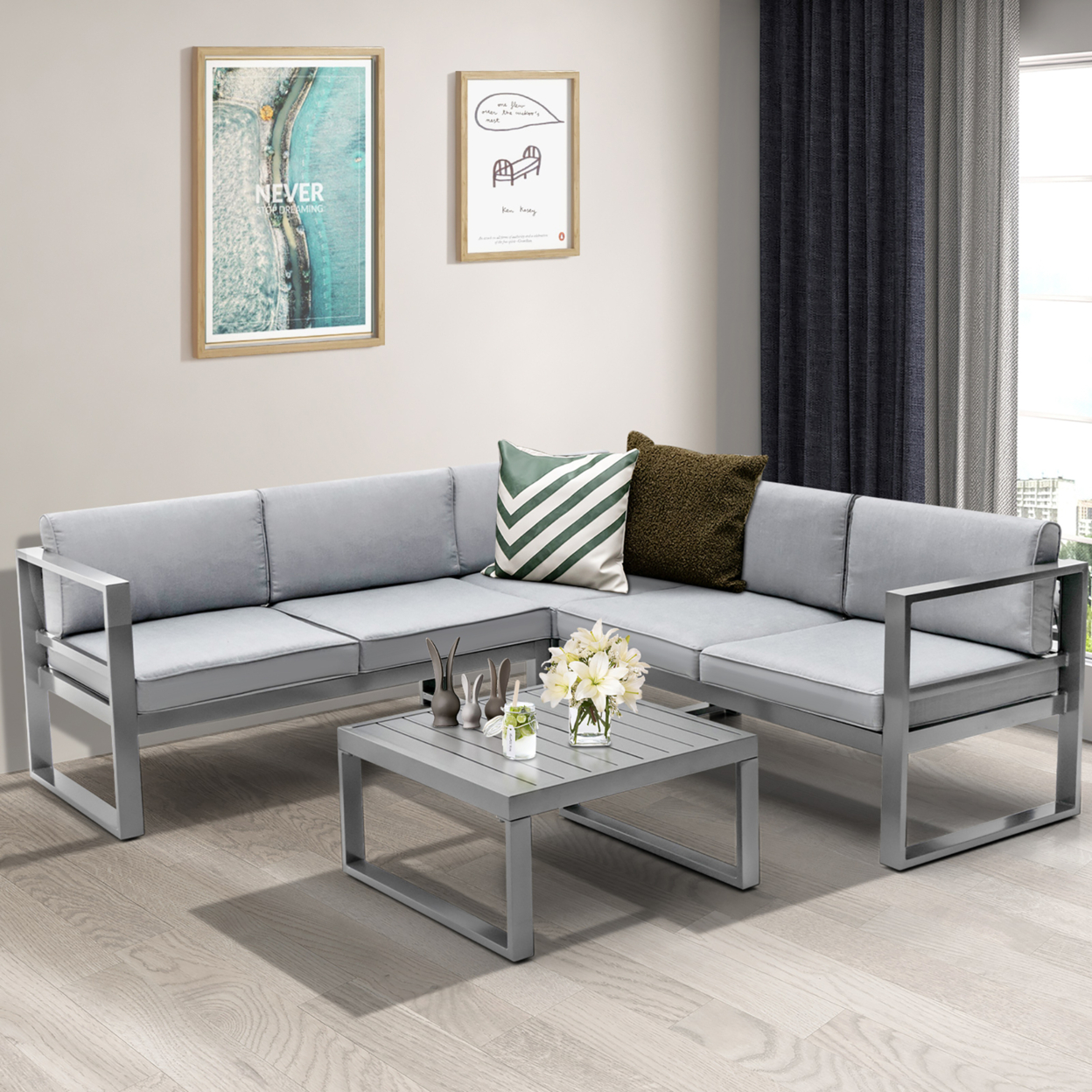 4PCS Aluminum Outdoor Conversation Set Patio Furniture Set W/ Coffee Table & Cushions Gray