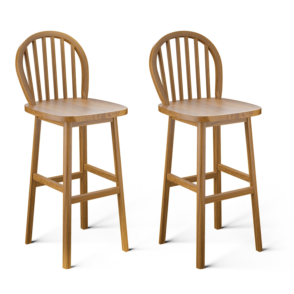 Set Of 2 Bar Stools Spindle-Back Bar Height Rubber Wood Kitchen Chairs Natural