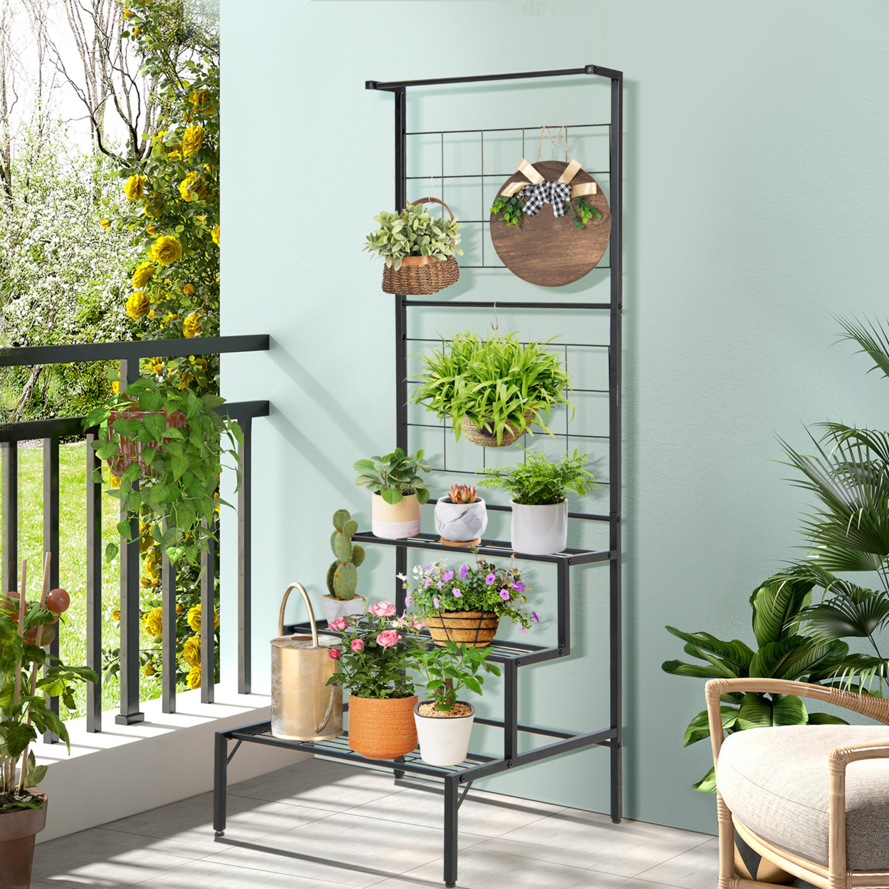 3-Tier Hanging Plant Stand Flower Pot Organizer Rack W/Grid Panel Display Shelf