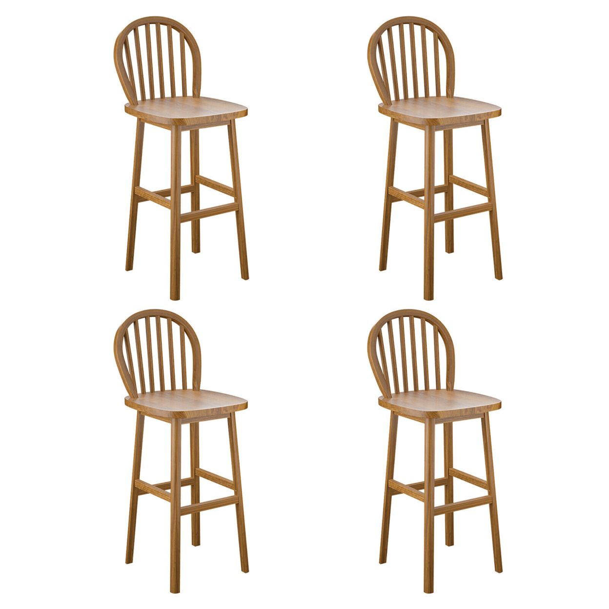 Set Of 4 Bar Stools Spindle-Back Bar Height Rubber Wood Kitchen Chairs Natural