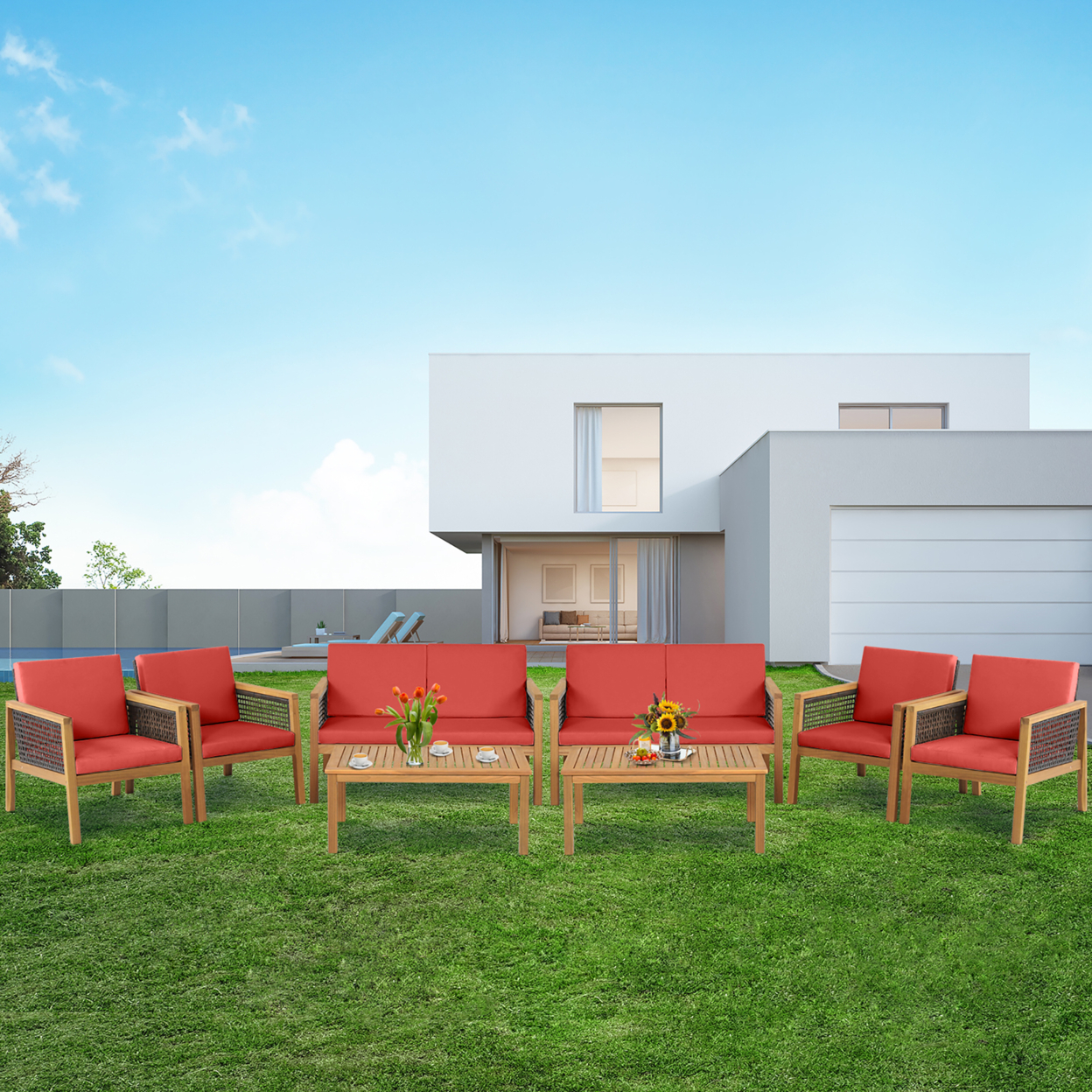 8PCS Patio Acacia Wood Furniture Set PE Rattan Conversation Set W/ Red Cushions