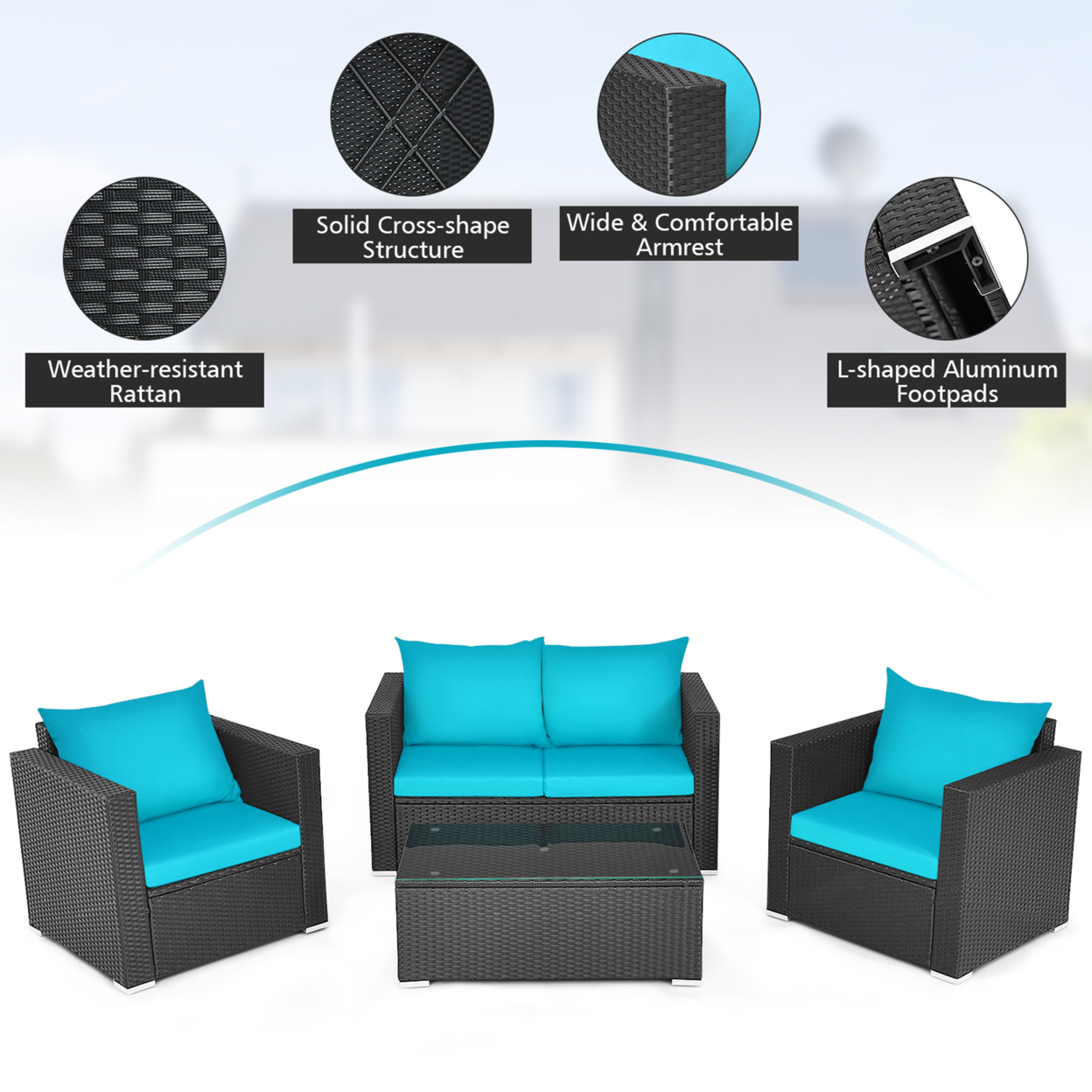 4PCS Rattan Patio Conversation Set Outdoor Furniture Set W/ Navy & Turquoise Cushions