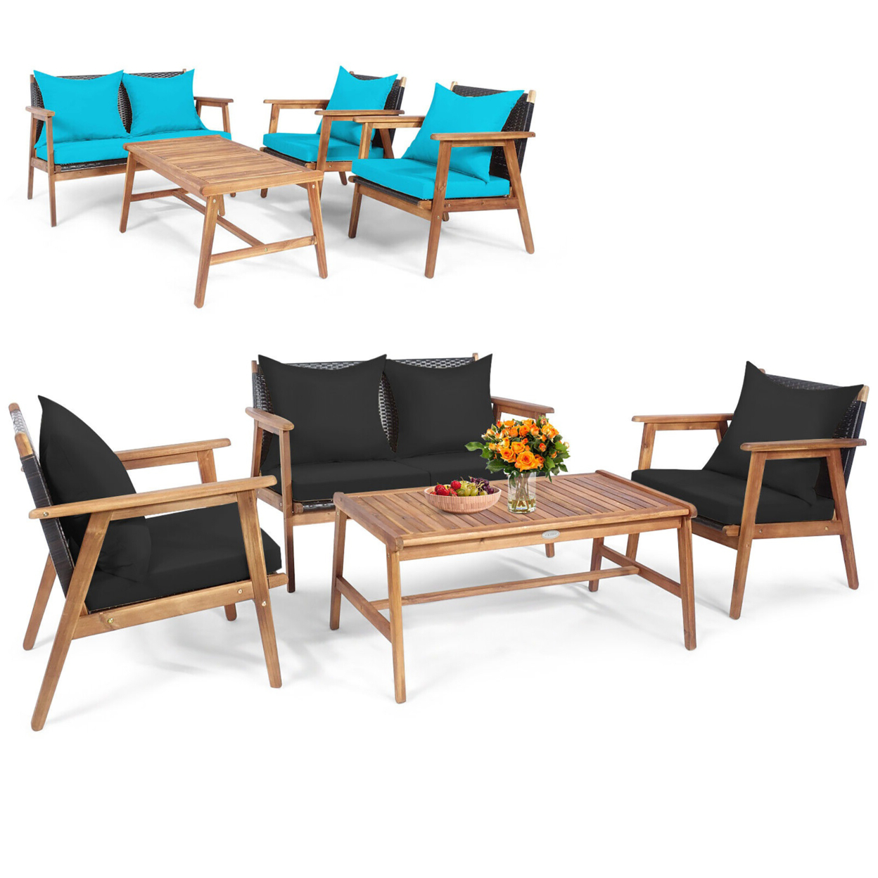 4PCS Patio Conversation Set Wood Frame Furniture Set W/ Turquoise & Black Cushions