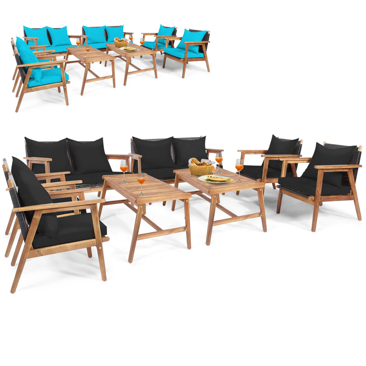 8PCS Patio Conversation Set Wood Frame Furniture Set W/ Turquoise & Black Cushions