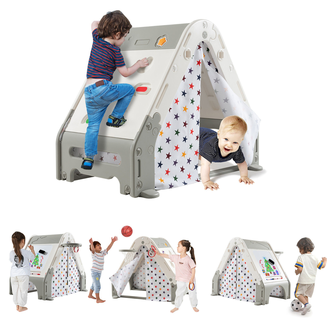 Kids Triangle Climber Hideaway Play Tent House W/ Climbing Wall& White Board