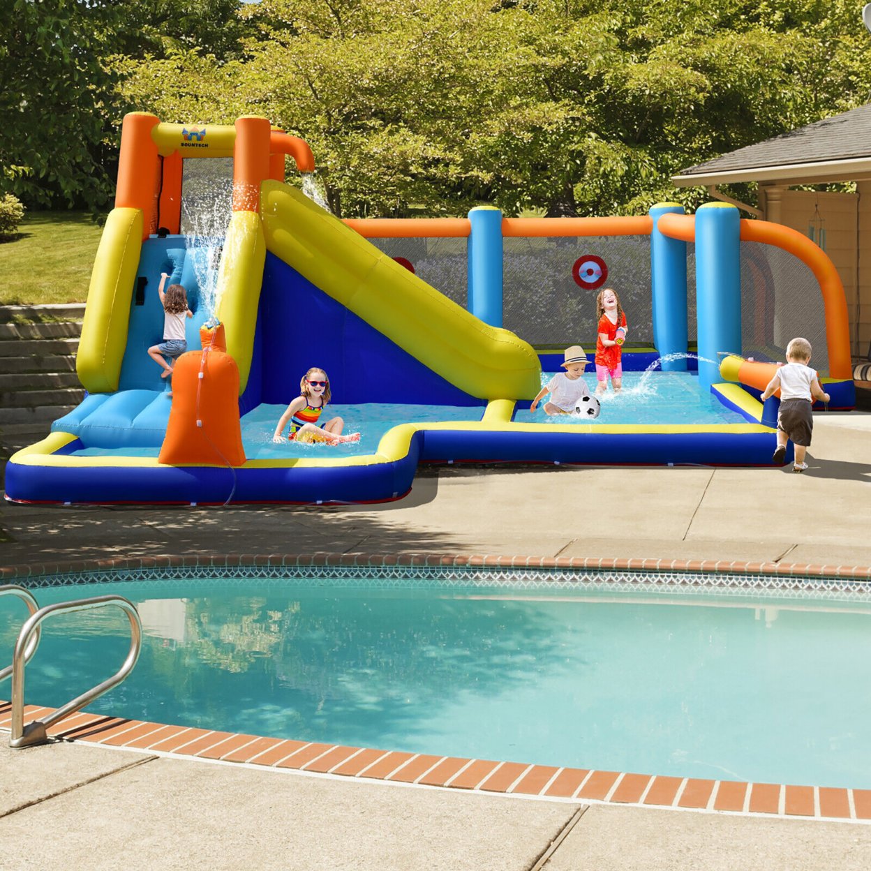 Giant Soccer-Themed Inflatable Water Slide Bouncer Splash Pool With 750W Blower