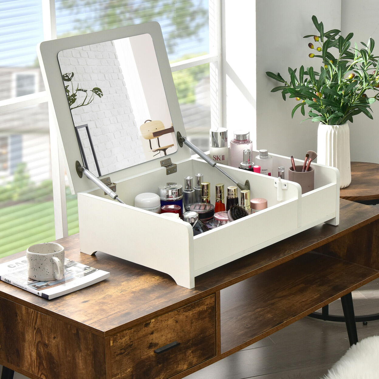 2-in-1 Vanity Dresser W/ Flip-Top Mirror Tabletop Storage Box Makeup Laptop White
