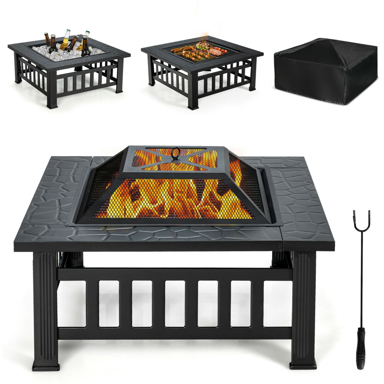 32'' 3 In 1 Outdoor Square Fire Pit Table W/ BBQ Grill Rain Cover For Camping