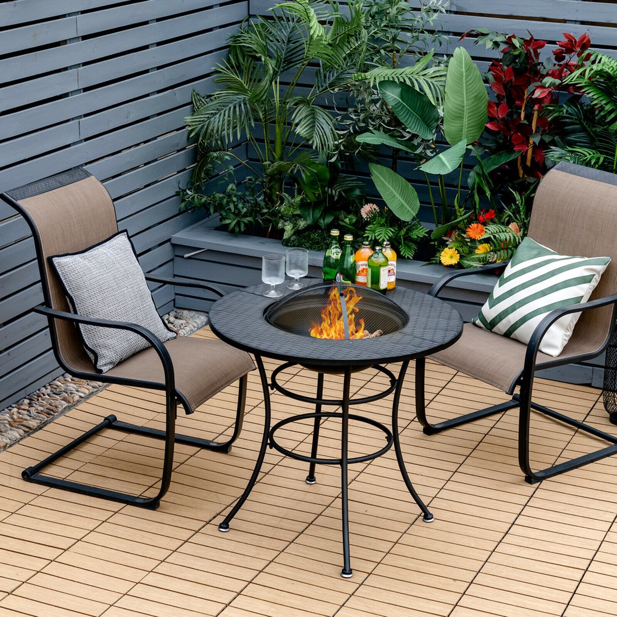 31.5'' Patio Fire Pit Dining Table Charcoal Wood Burning W/ Cooking BBQ Grate