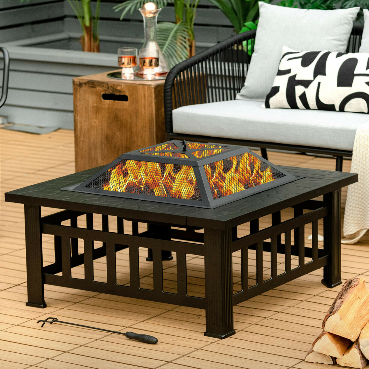 32'' 3 In 1 Outdoor Square Fire Pit Table W/ BBQ Grill Rain Cover For Camping
