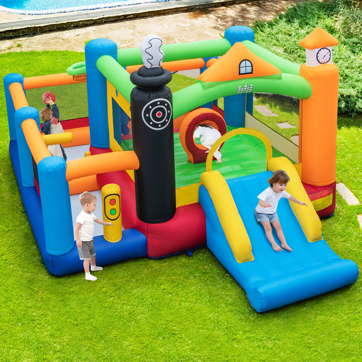 Train-Themed Inflatable Bounce Castle Kids Bouncer W/ Ocean Balls & 950W Blower