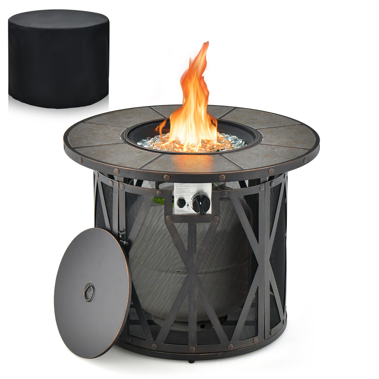 32'' Patio Round Fire Pit Table 30,000 BTU Propane Gas Firepit W/ Fire Glasses