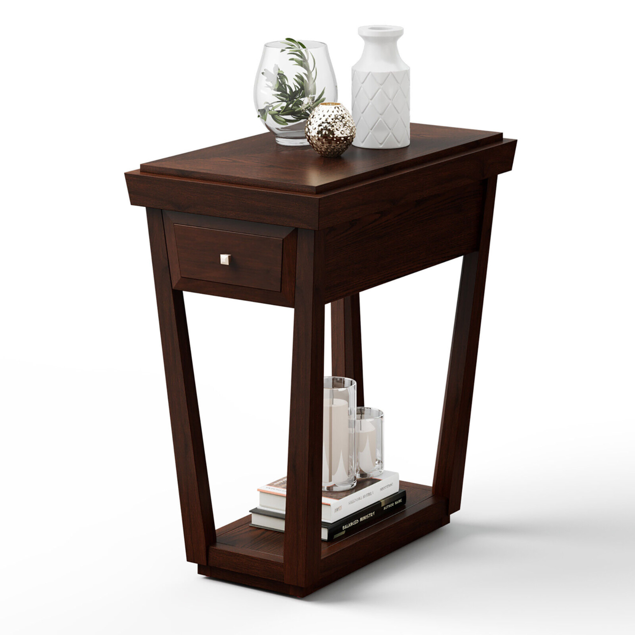 Nightstand 2 Tier End Side Table With Drawer Shelf Rubber Wood Classic Espresso