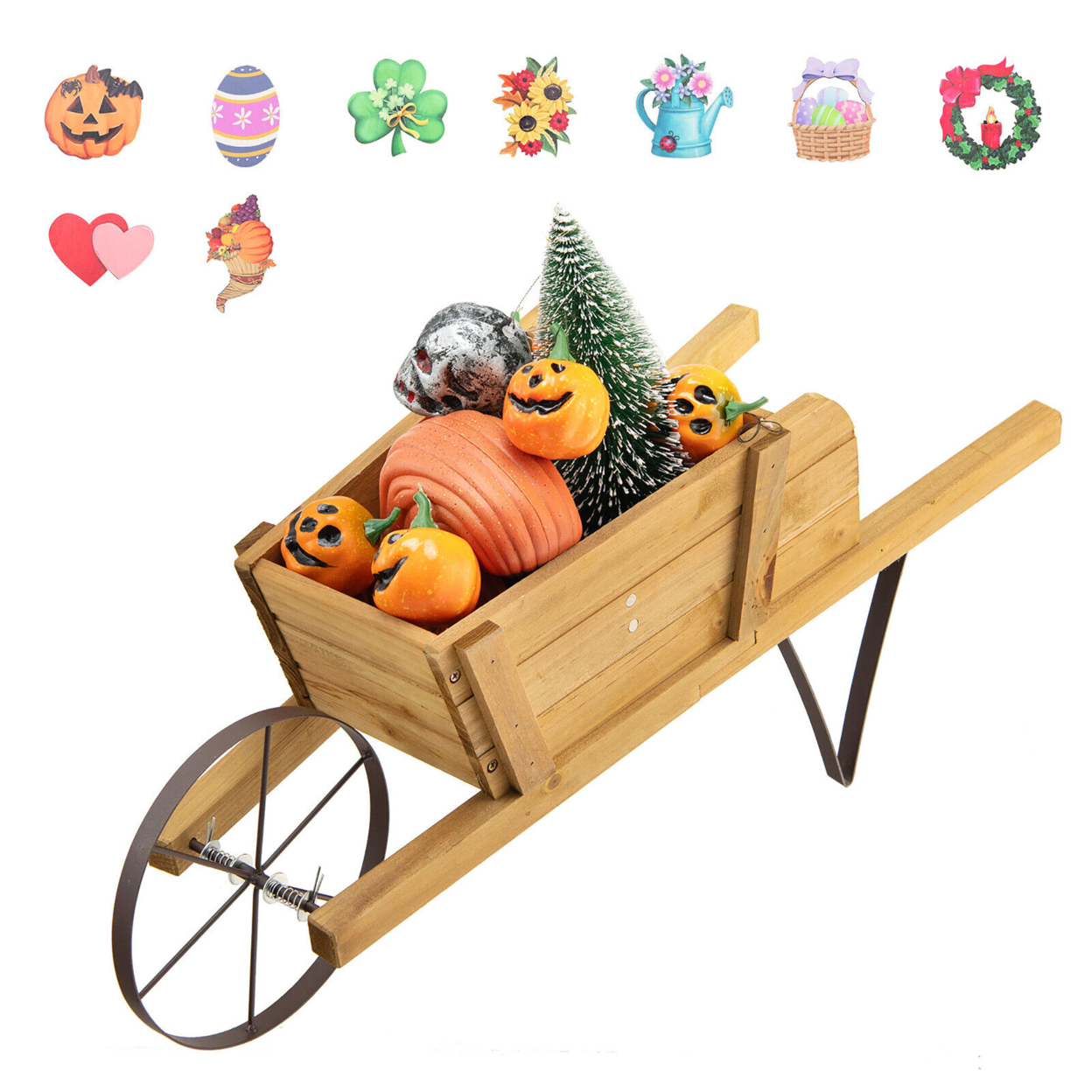 Wooden Wagon Planter Decorative Indoor/ Outdoor Rustic Flower Cart W/ Wheel - Walnut