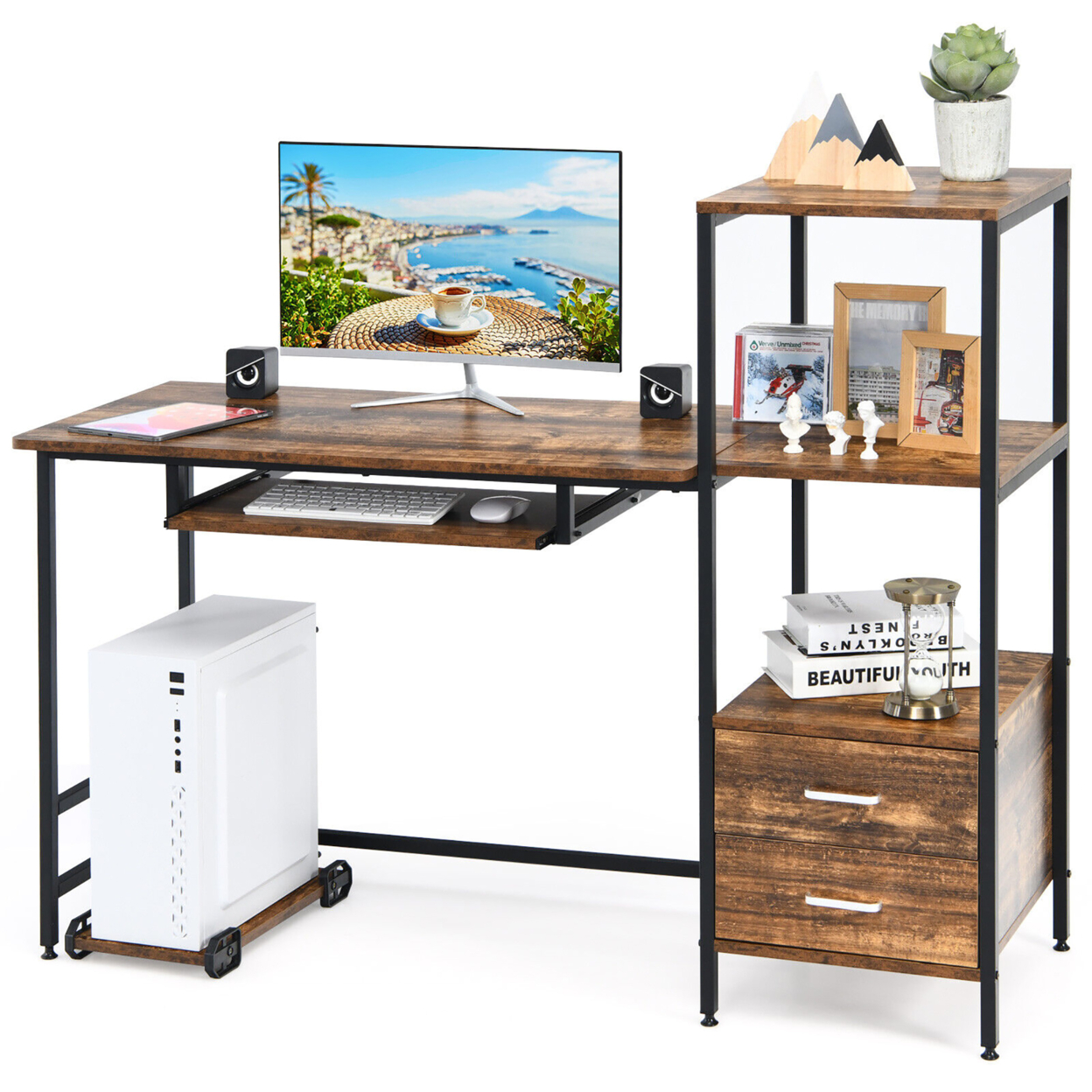 Computer Desk Gaming Writing Workstation W/ Movable Stand & Drawer Rustic Brown