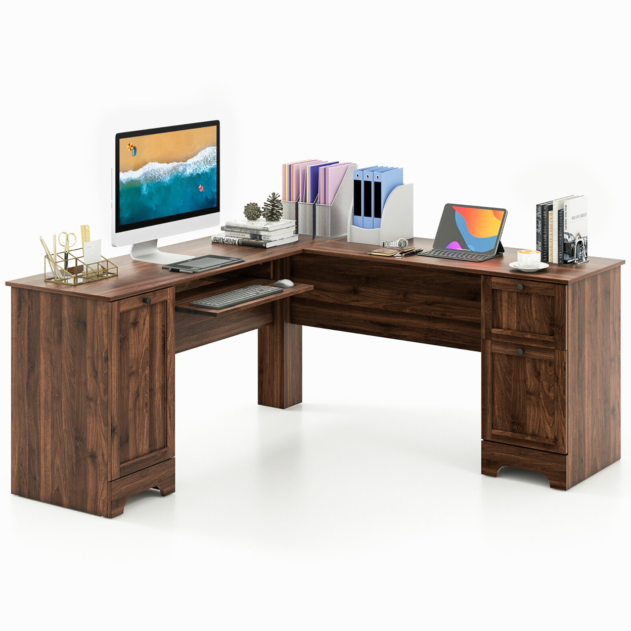 66.5'' L Shaped Home Office Desk Corner Computer Desk Drawer Keyboard Tray Walnut