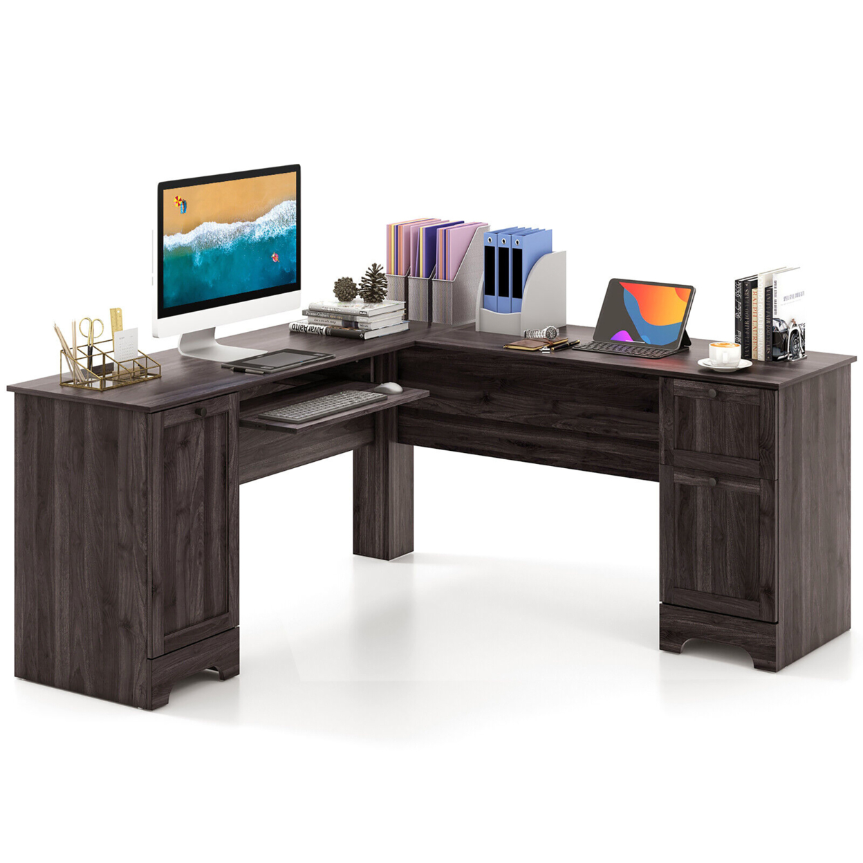 66.5'' L Shaped Home Office Desk Corner Computer Desk Keyboard Tray Dark Brown