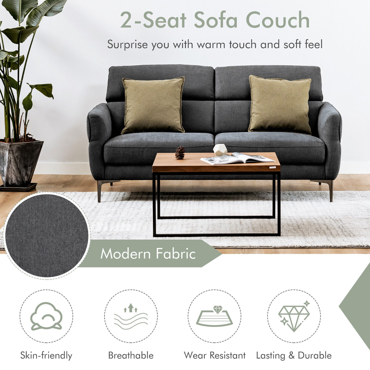 Modern Loveseat 72.5'' Fabric Sofa Couch W/ Adjustable Headrest & Metal Legs - Grey
