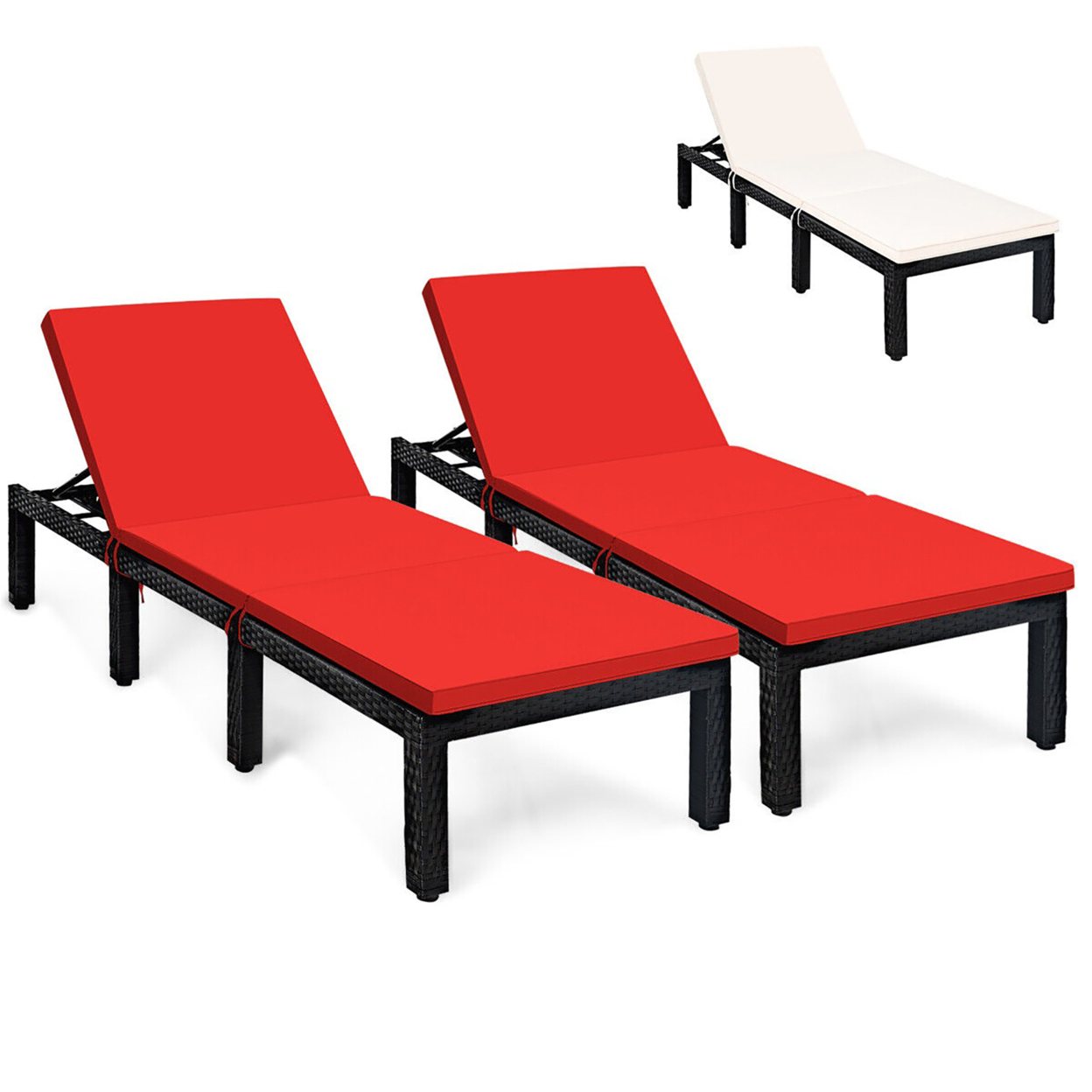 2PCS Patio Lounge Chair Rattan Chaise W/ Adjustable Navy/Red & Off White Cushioned - Red/Off White