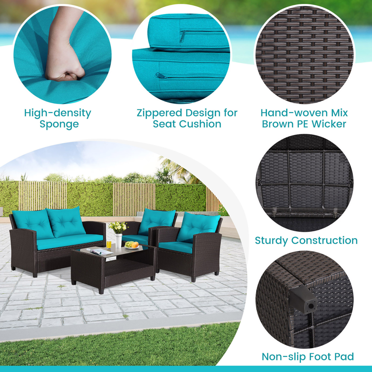 4PCS Outdoor Conversation Set Patio PE Rattan Set W/ Glass Table & Sofa Cushions - Black