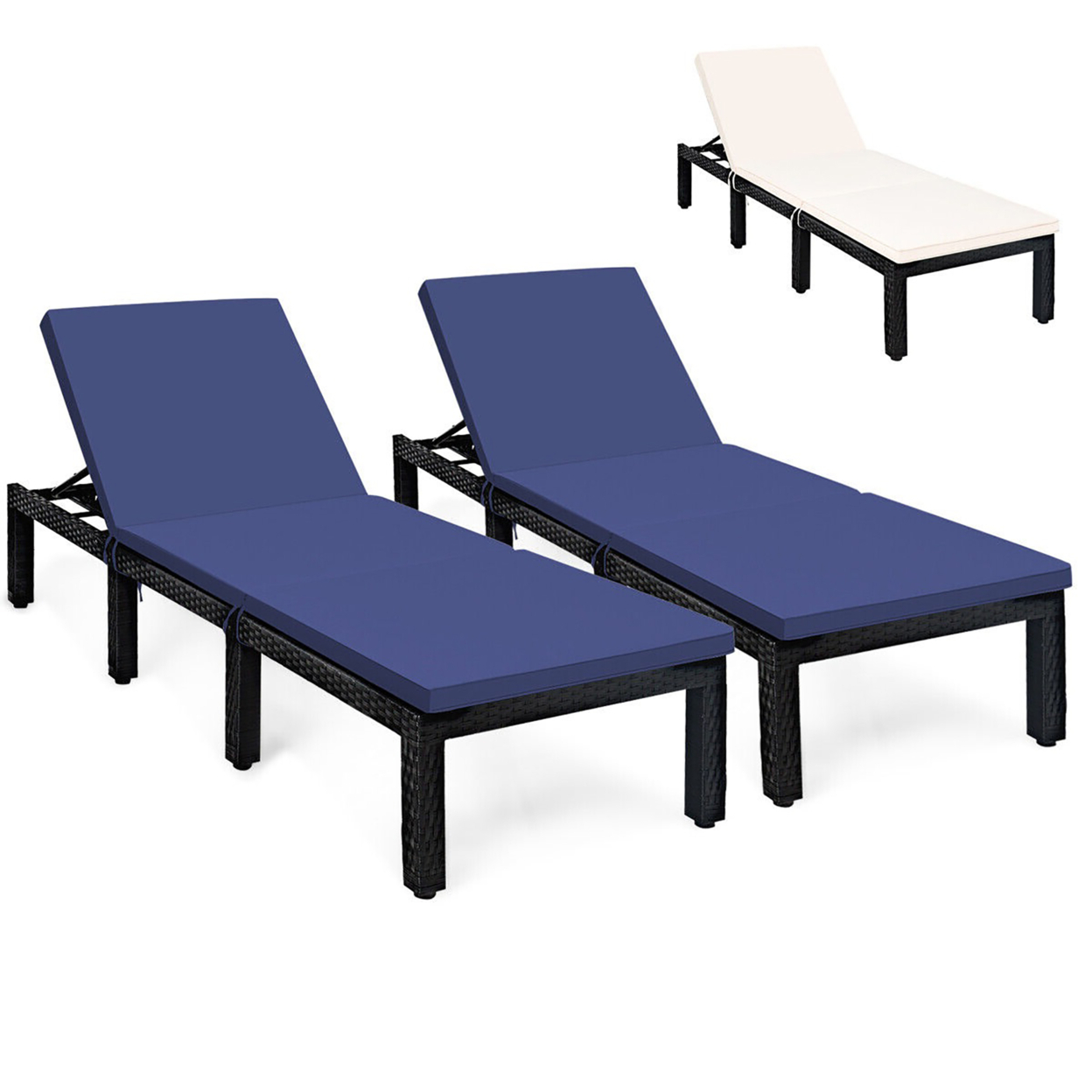 2PCS Patio Lounge Chair Rattan Chaise W/ Adjustable Navy/Red & Off White Cushioned - Navy/Off White