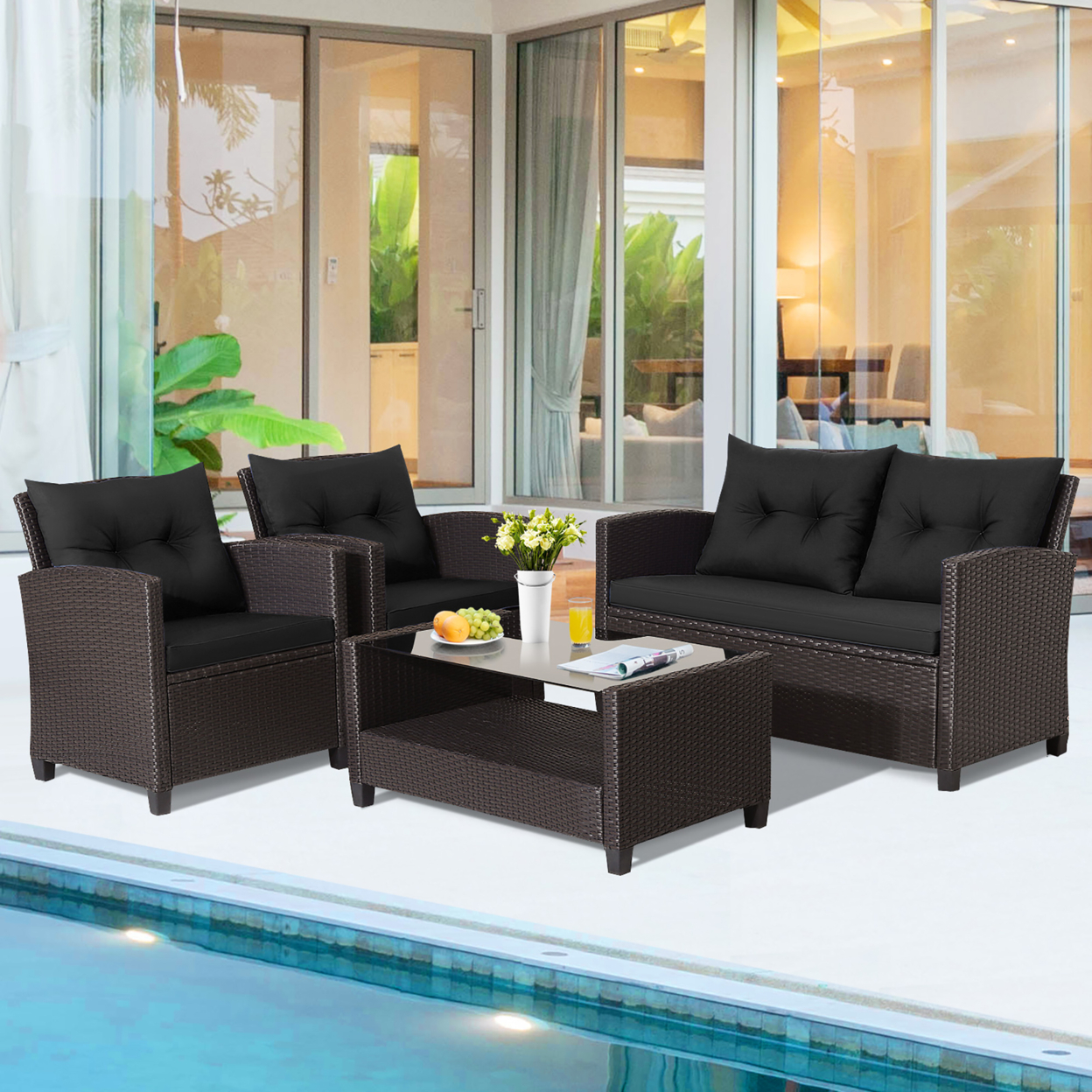 4PCS Outdoor Conversation Set Patio PE Rattan Set W/ Glass Table & Sofa Cushions - Black
