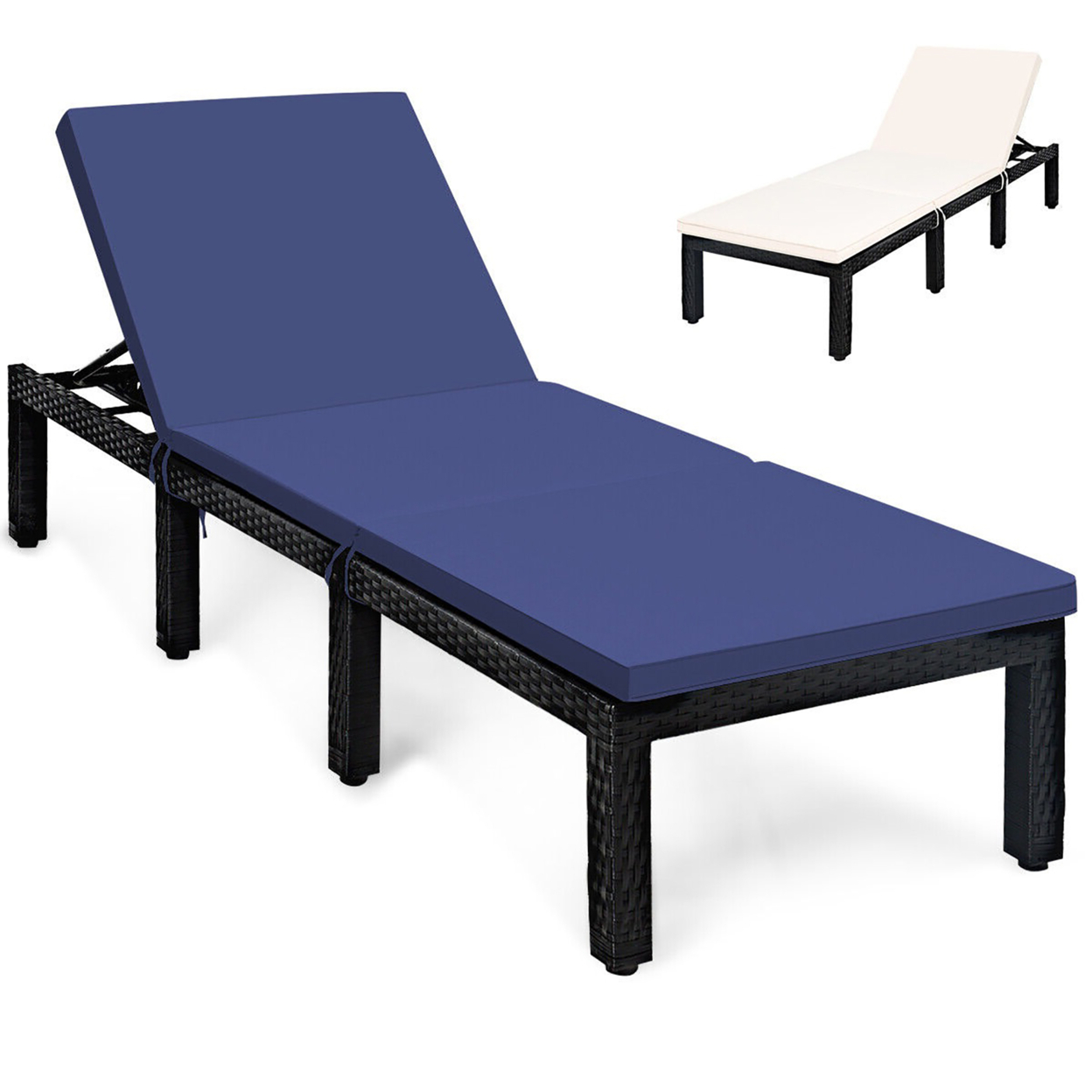 Patio Lounge Chair Rattan Chaise W/ Adjustable Navy/Red & Off White Cushioned - Navy/Off White