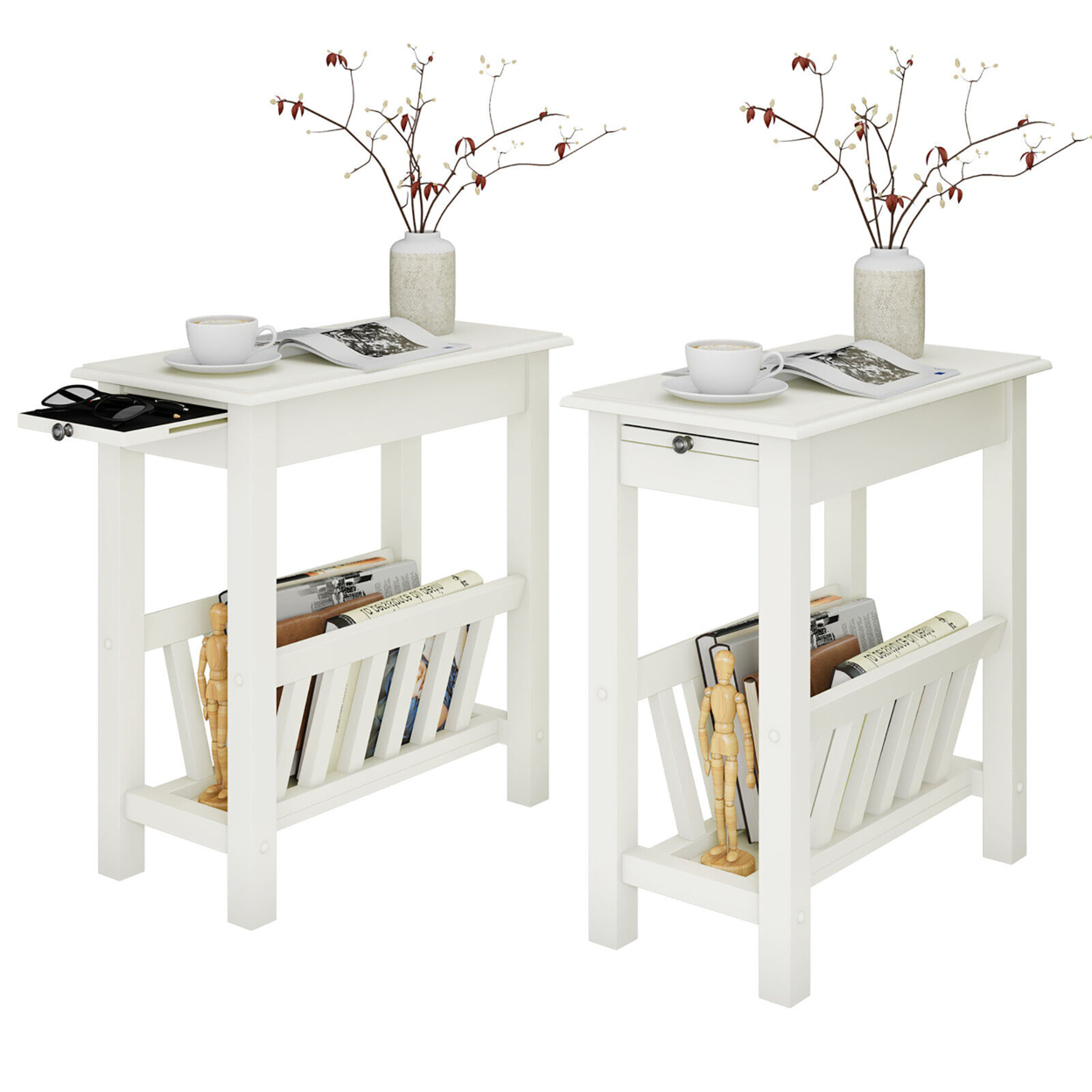 2 PCS Side Table End Table Nightstand W/ Bottom Storage Shelf & Rubber Wood Legs