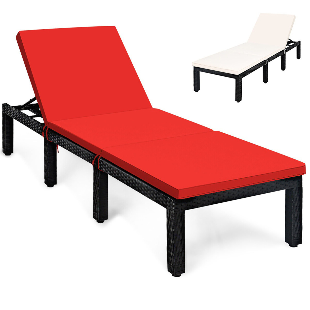 Patio Lounge Chair Rattan Chaise W/ Adjustable Navy/Red & Off White Cushioned - Red/Off White