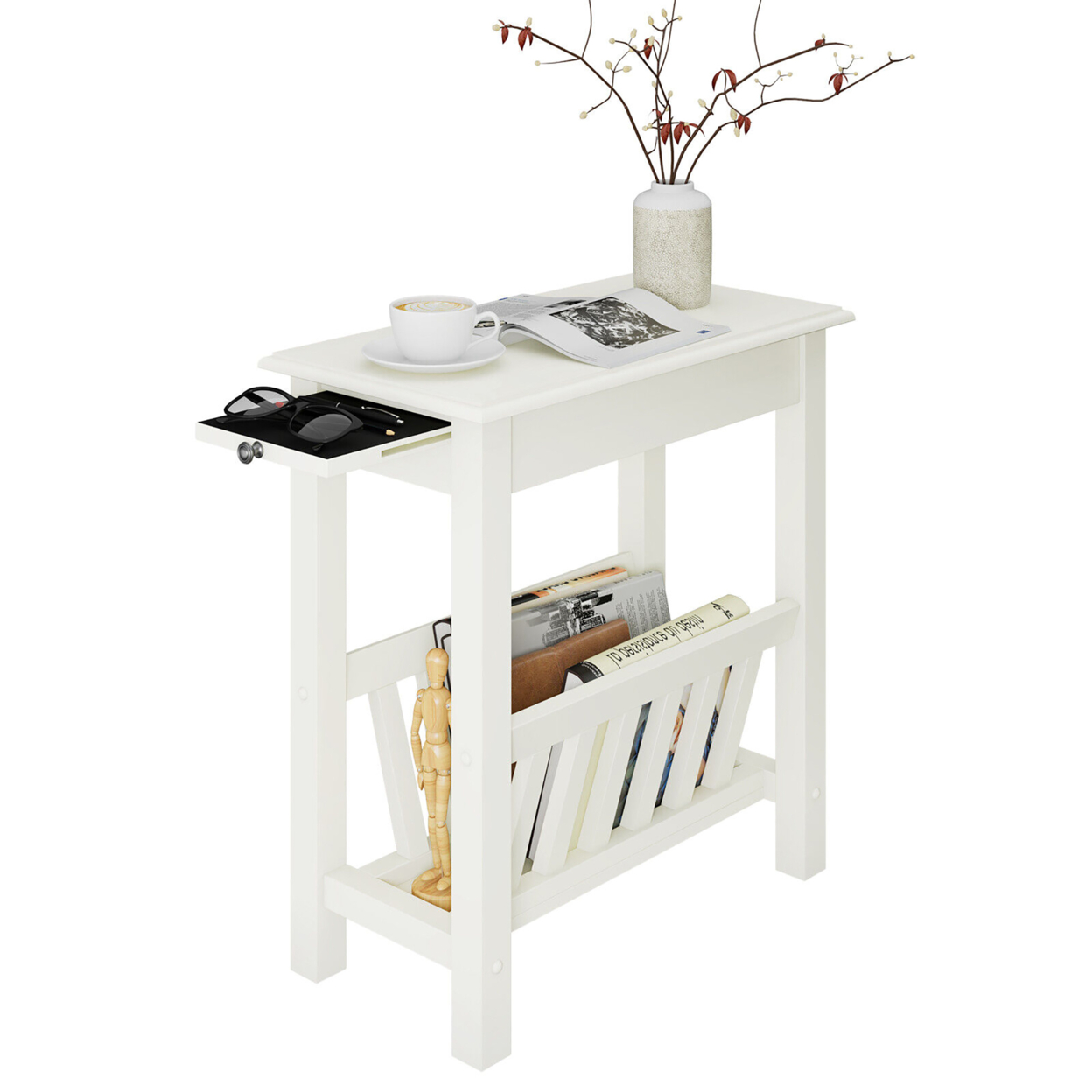 Side Table End Table Nightstand W/ Bottom Storage Shelf & Rubber Wood Legs White