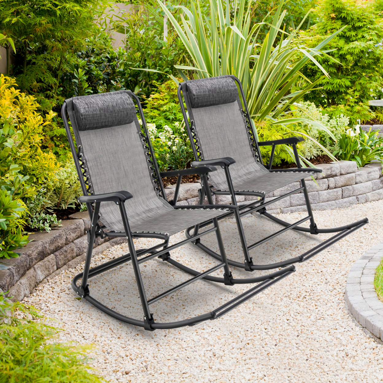 2PCS Patio Folding Rocking Chair Outdoor Portable Lounge Rocker - Grey
