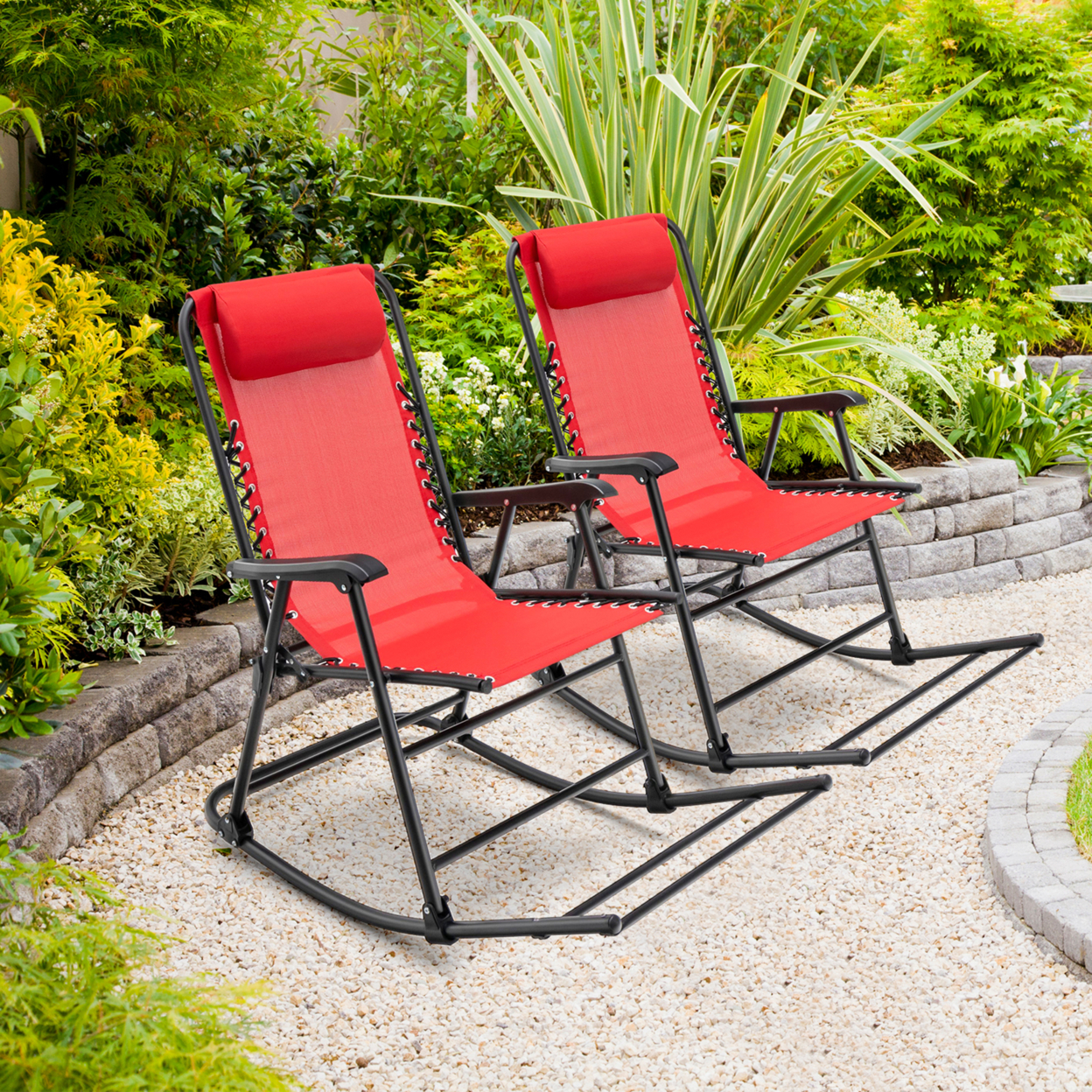 2PCS Patio Folding Rocking Chair Outdoor Portable Lounge Rocker - Red