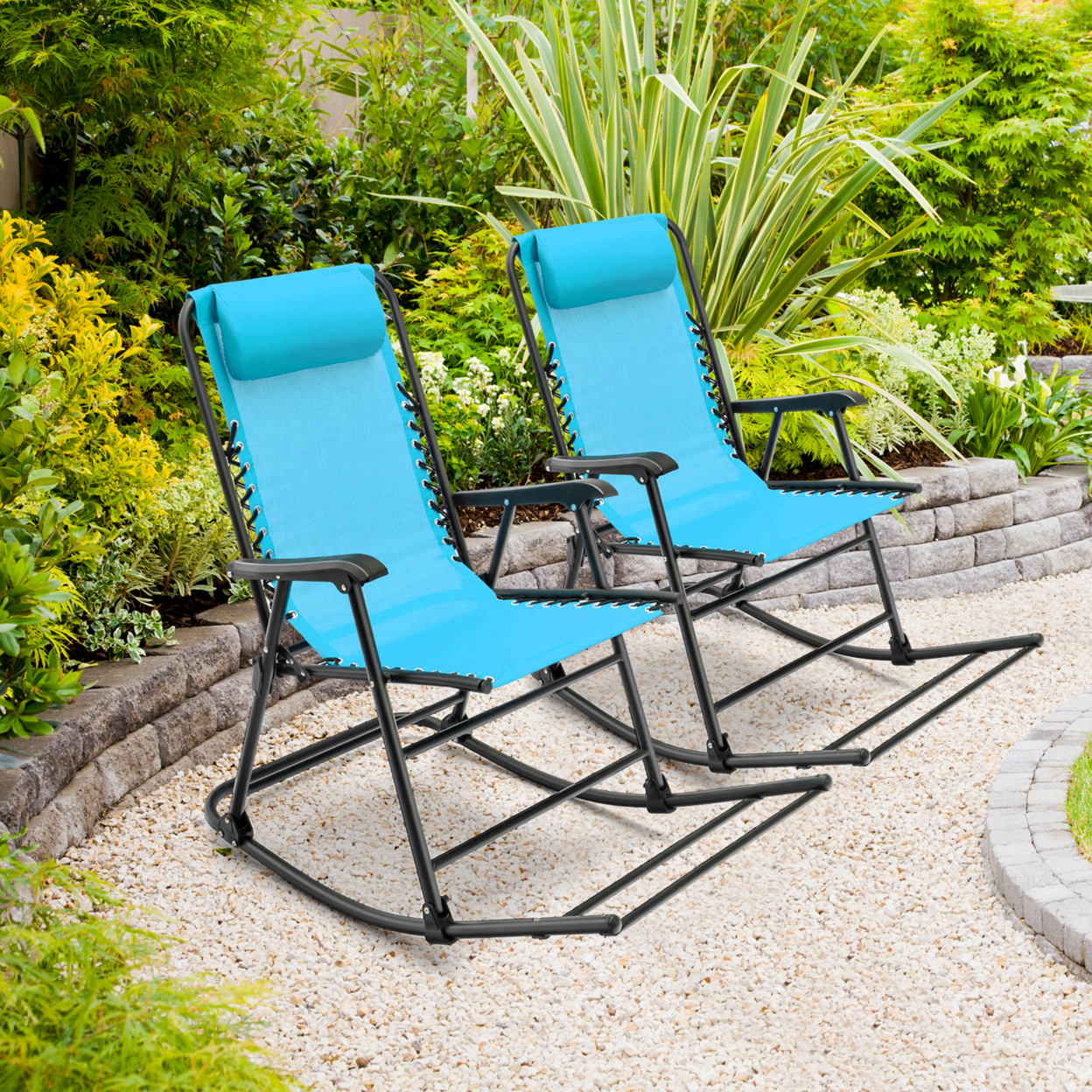 2PCS Patio Folding Rocking Chair Outdoor Portable Lounge Rocker - Blue