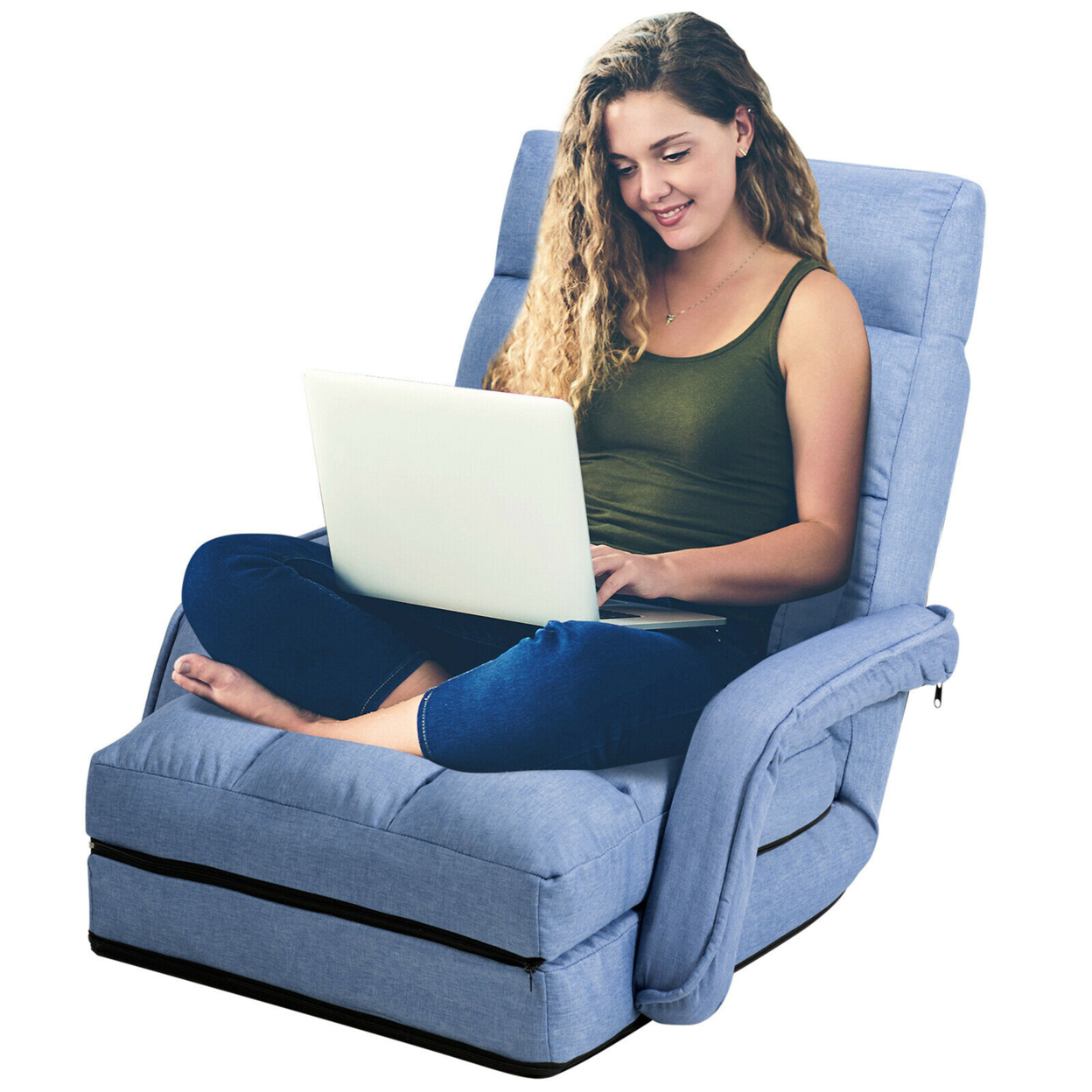 Folding Floor Chair Adjustable Armchair Chaise Lounge Chair Lazy Sofa - Blue
