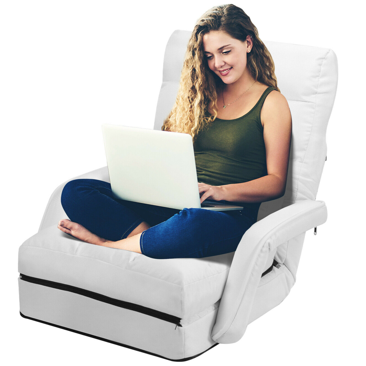 Folding Floor Chair Adjustable Armchair Chaise Lounge Chair Lazy Sofa - White