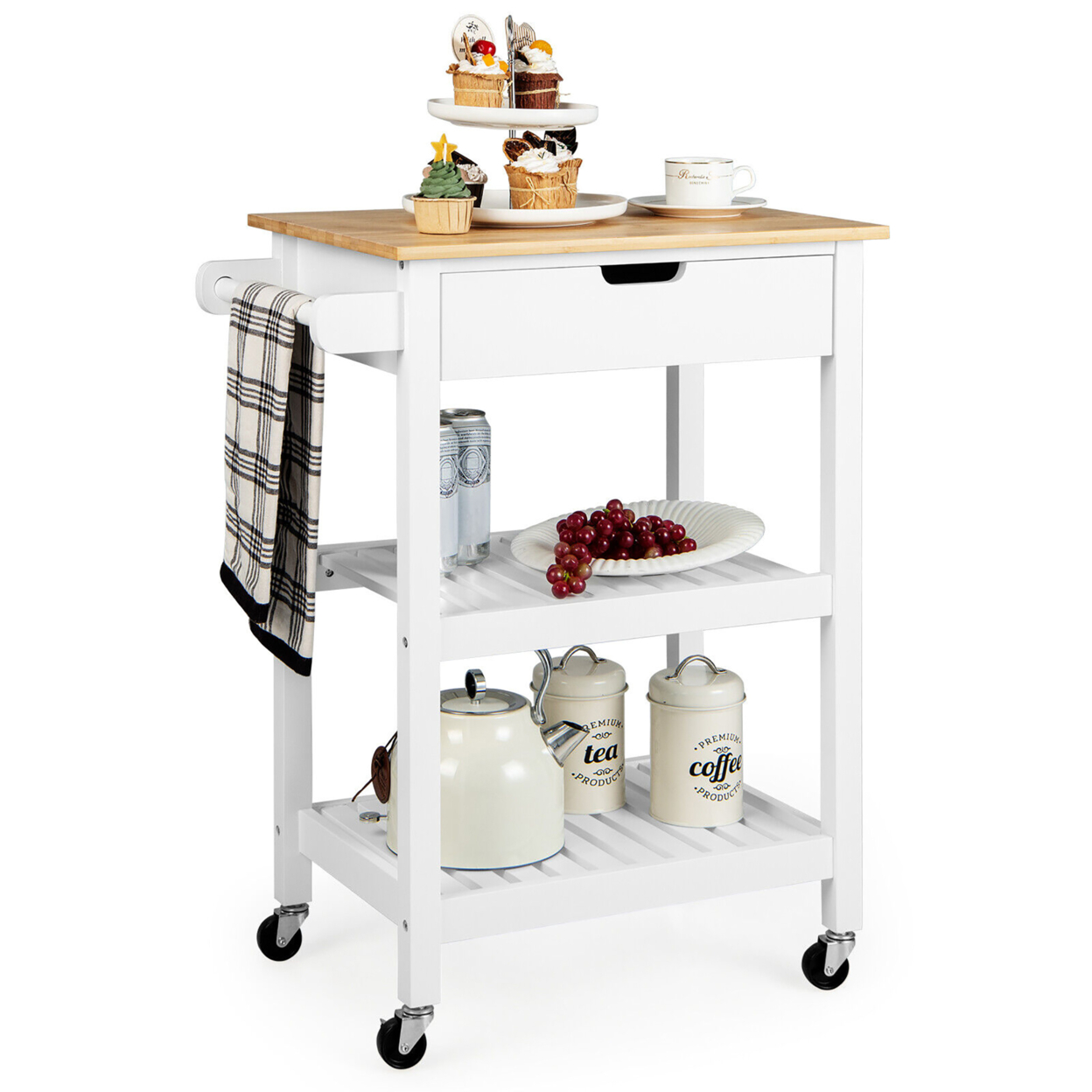 3-Tier Kitchen Island Cart Rolling Service Trolley W/ Bamboo Top Shelves - White
