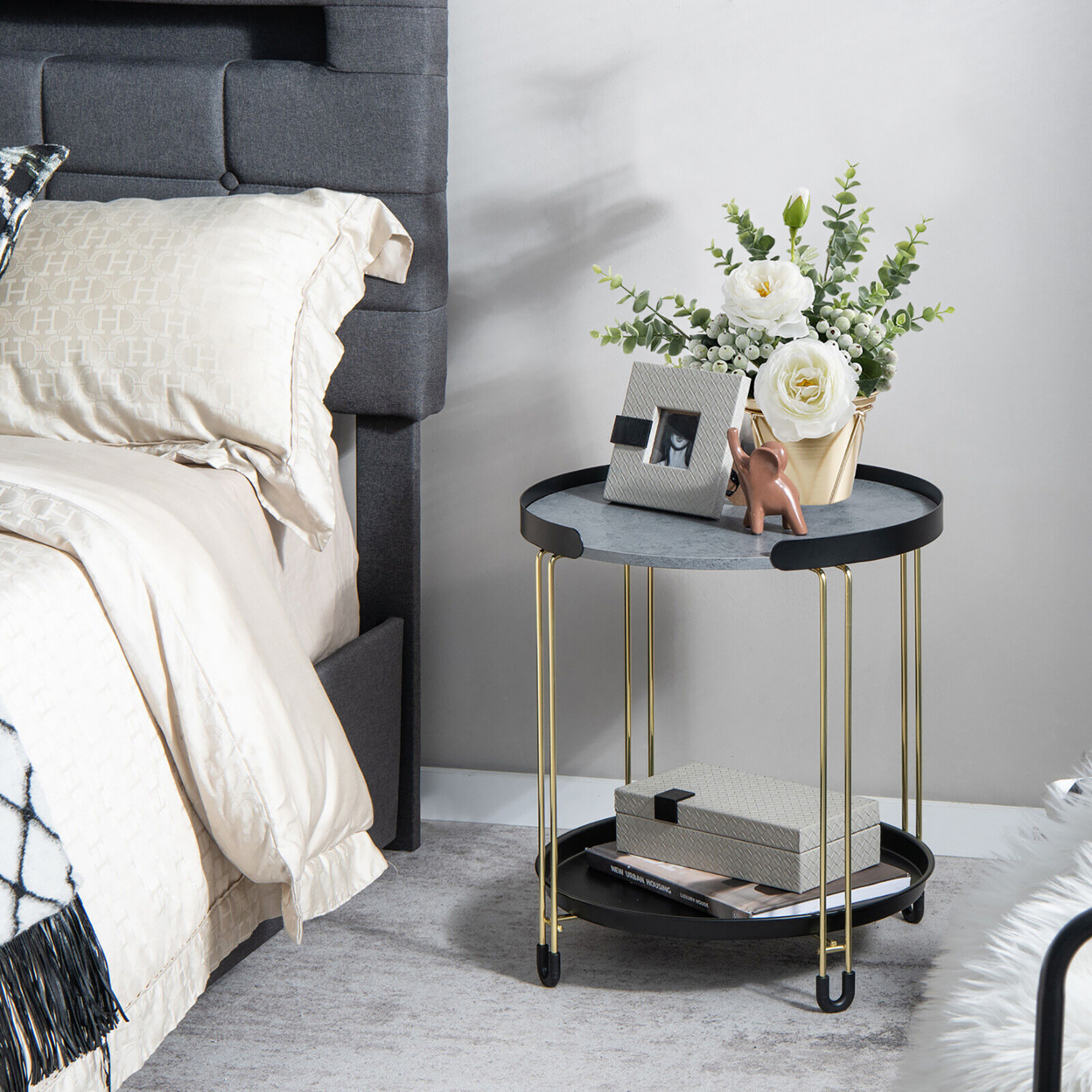 2-Tier Side End Table Round Nightstand Gold Frame For Living Room Bedroom