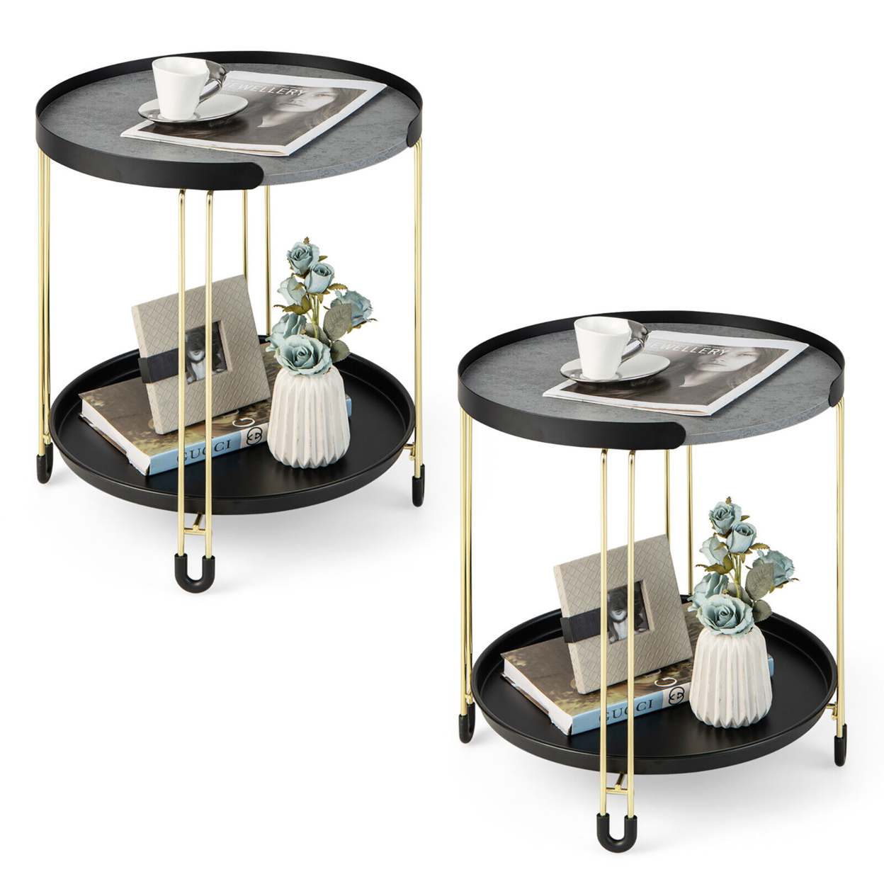 2PCS 2-Tier Side End Table Round Nightstand Gold Frame For Living Room Bedroom