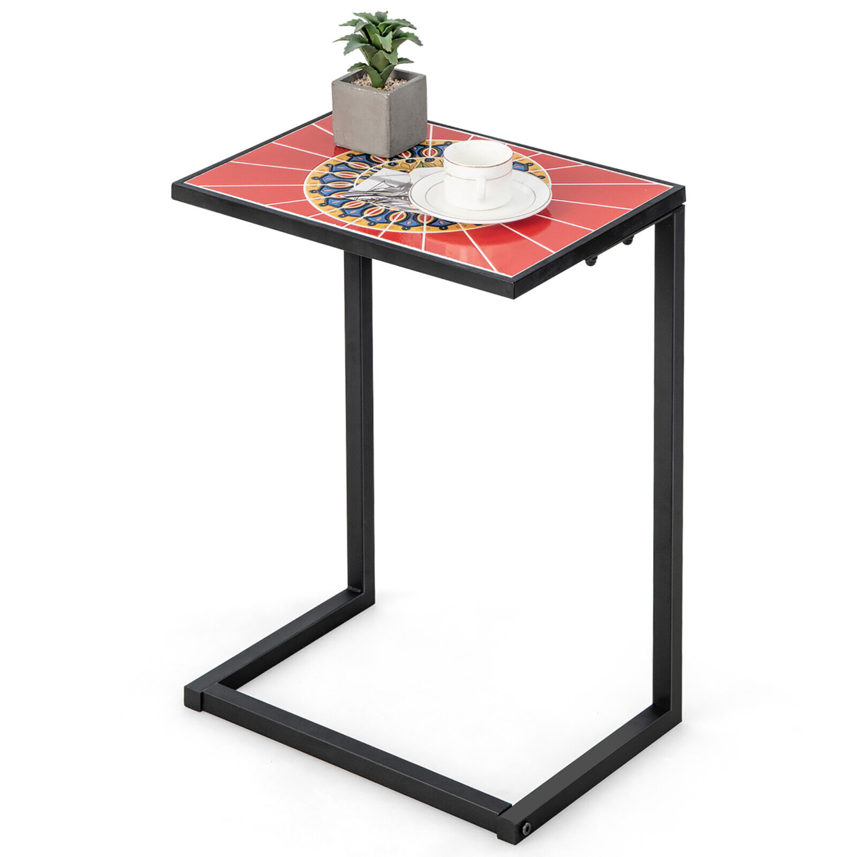 C-shaped Outdoor Side End Table W/ Ceramic Top For Patio Living Room Balcony