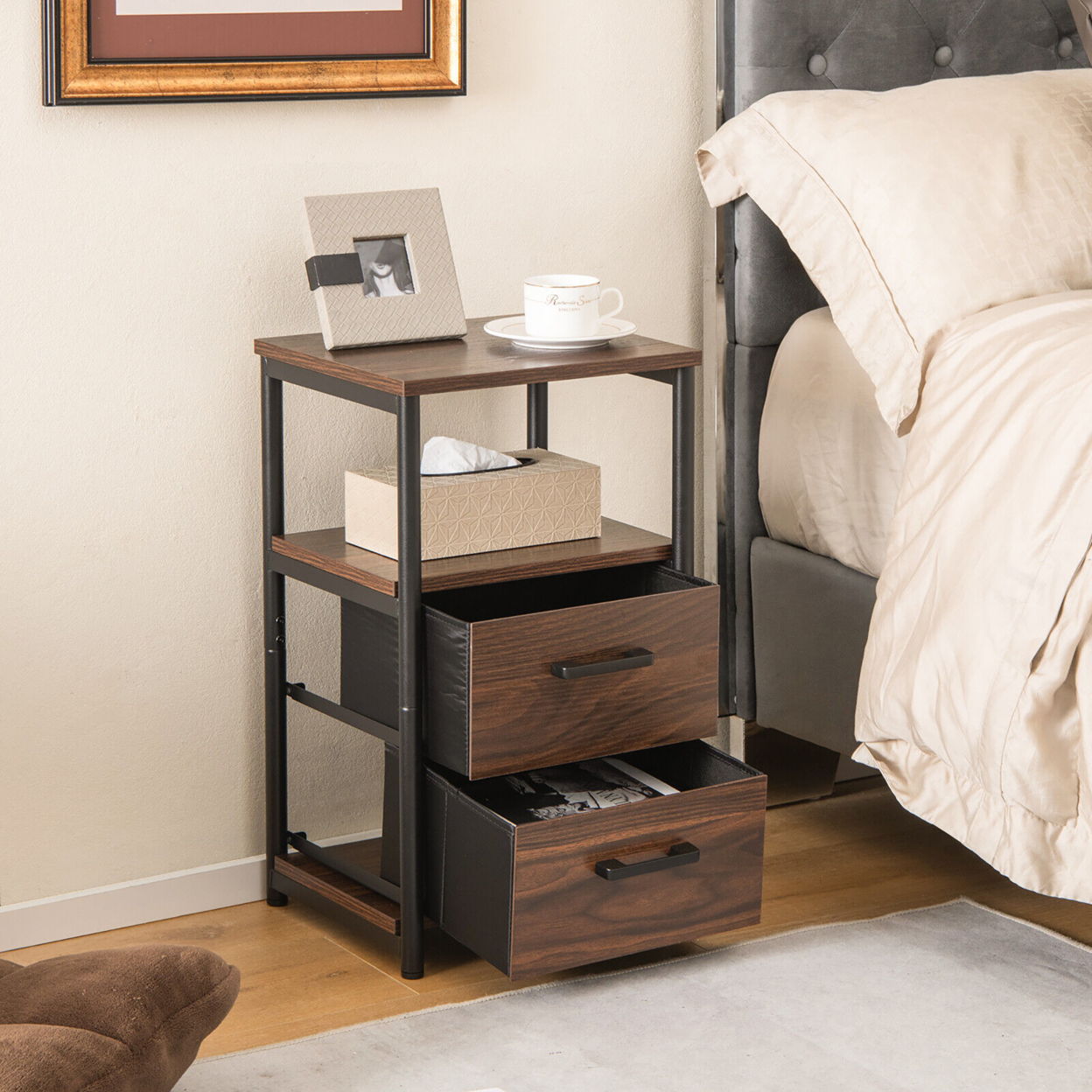 Nightstand Bedside End Table With 2 Fabric Drawers Storage Shelf For Living Room