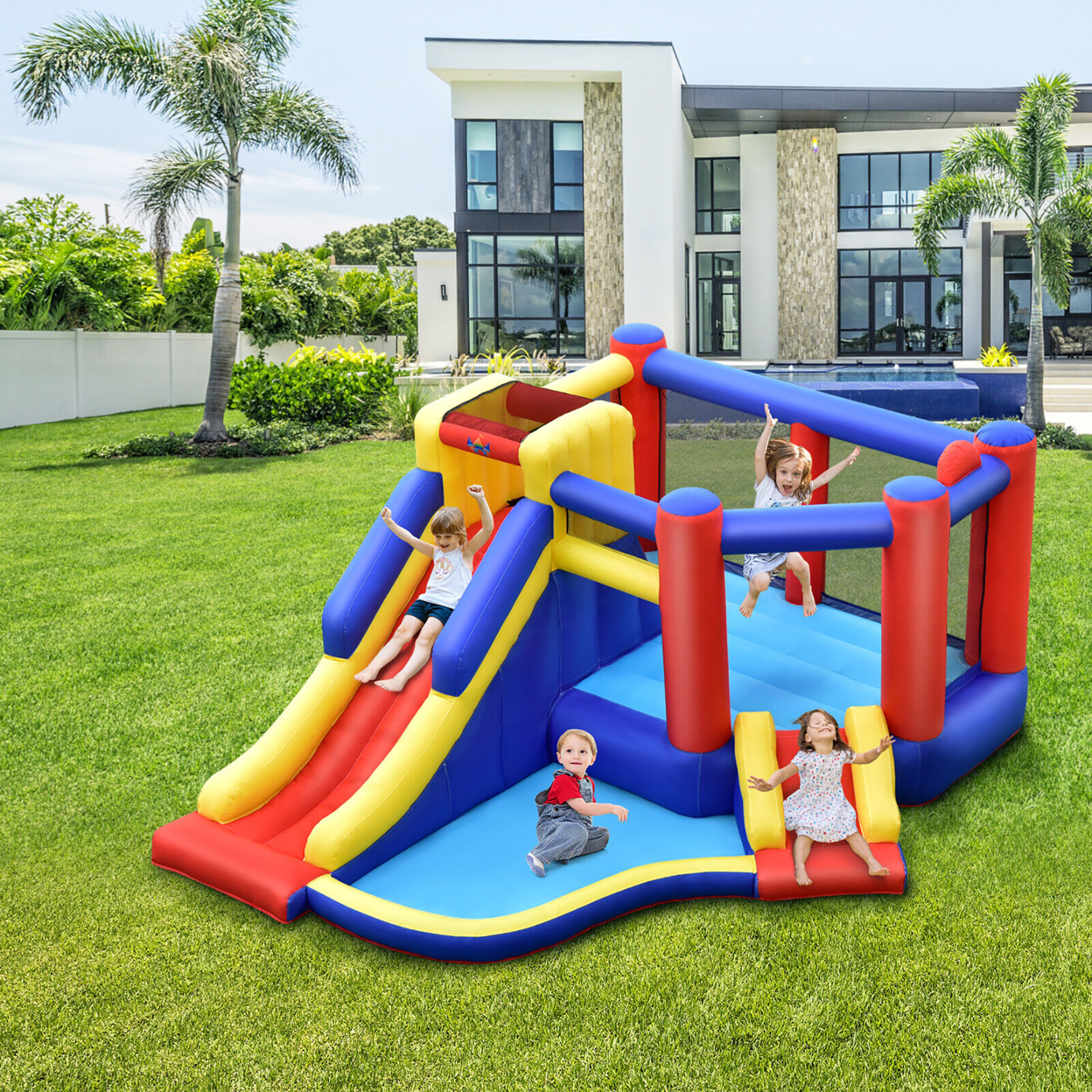 Inflatable Bouncy Castle Kids Jumping House W/ Double Slides & 550W Air Blower