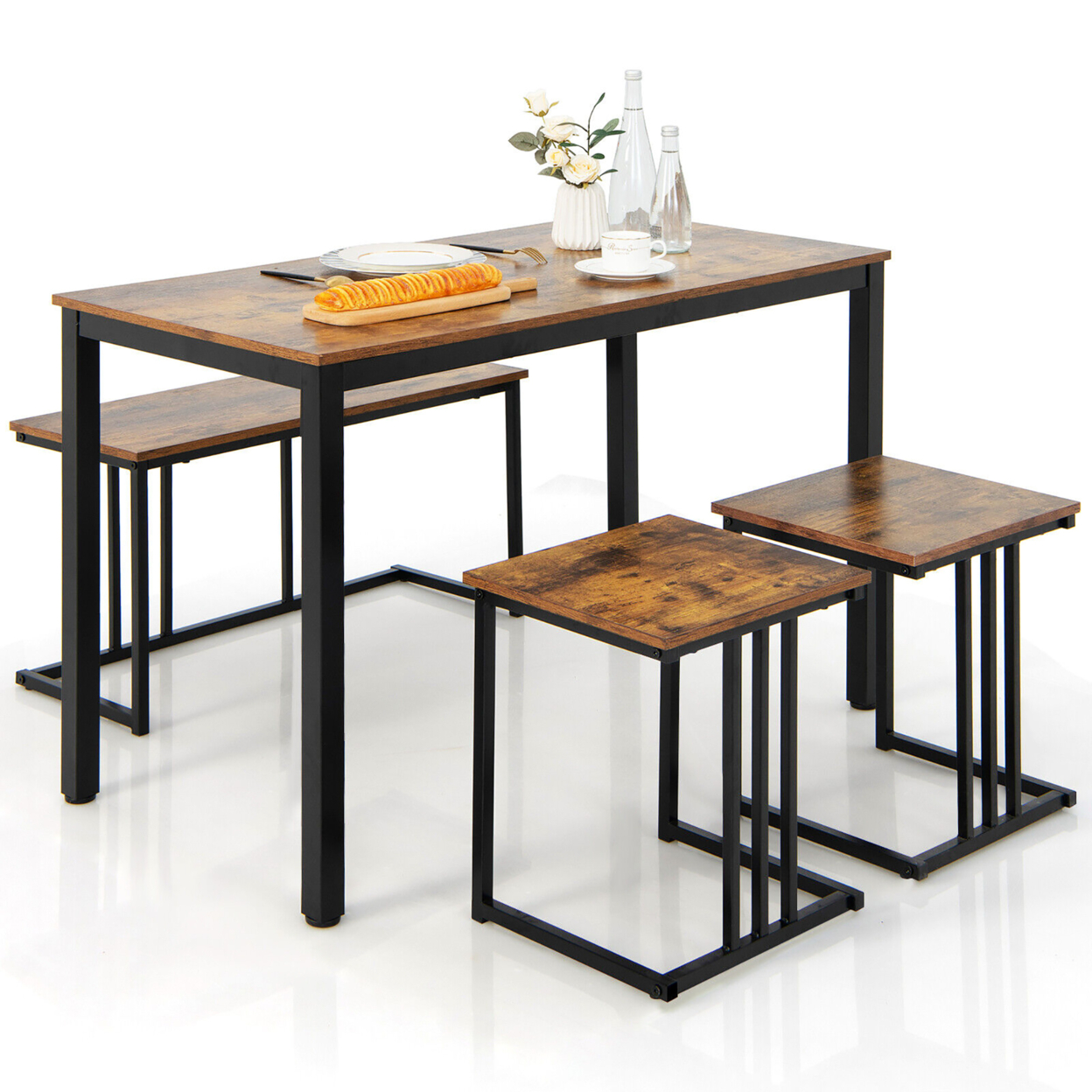 4-Piece Dining Table Set Industrial Kitchen Table Set W/ Bench & 2 Stools For 4