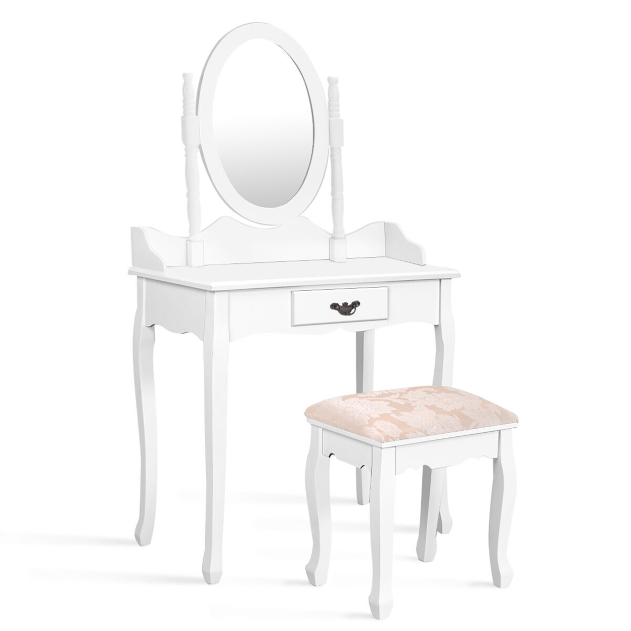 Vanity Wood Makeup Dressing Table Stool Set W/ Drawer & Mirror Jewelry Desk White