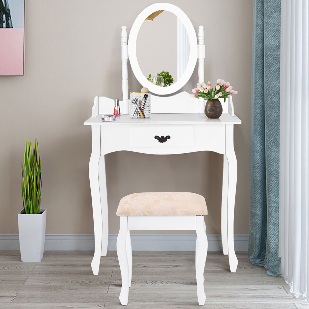 Vanity Wood Makeup Dressing Table Stool Set W/ Drawer & Mirror Jewelry Desk White