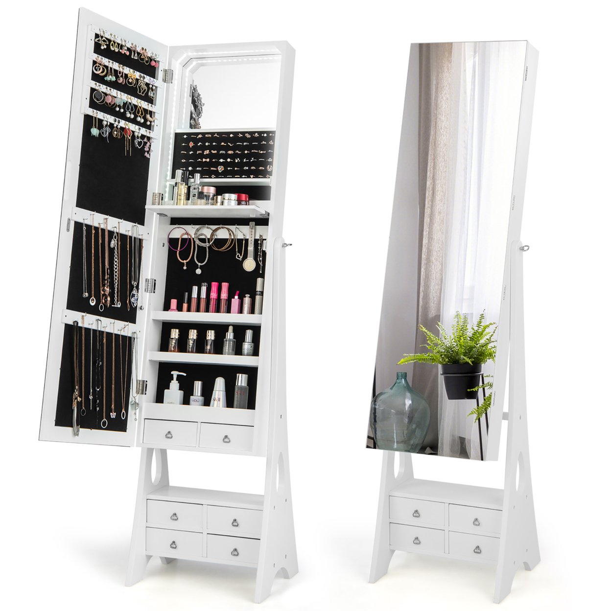 Jewelry Cabinet Armoire Full Length LED Mirror W/ 6 Drawers & Makeup Shelf White