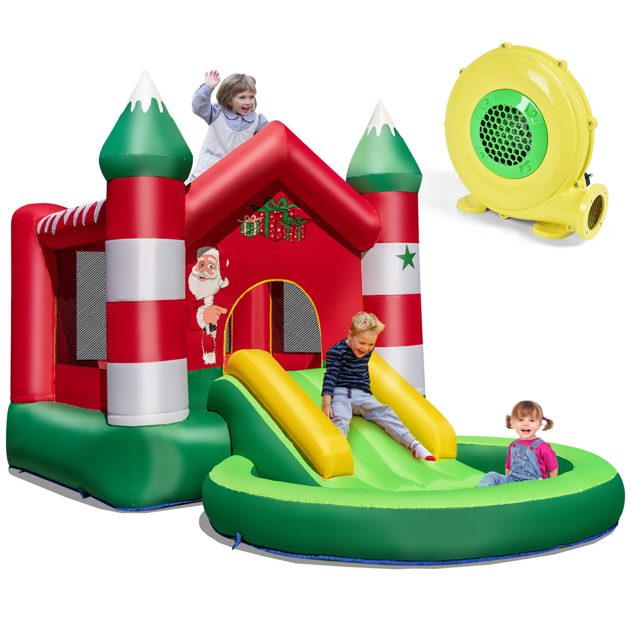 Inflatable Bounce House W/ Blower Kids Christmas W/ Slide & Trampoline & Ball Pool