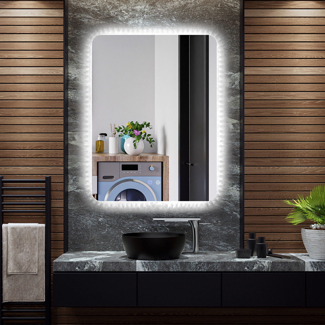 Bathroom Wall Mounted Mirror W/ 3 Color LED Lights Anti-Fog Vertical & Horizontal
